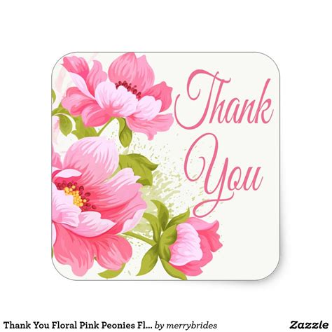 Thank You Floral Pink Peonies Flower Wedding Square Sticker Zazzle