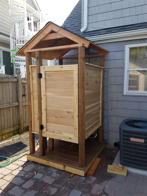 It all depends on how simple or complex you want your shower to be. Custom built cedar outdoor shower for a client's beach house. | Pallet diy, Outdoor shower, Outdoor