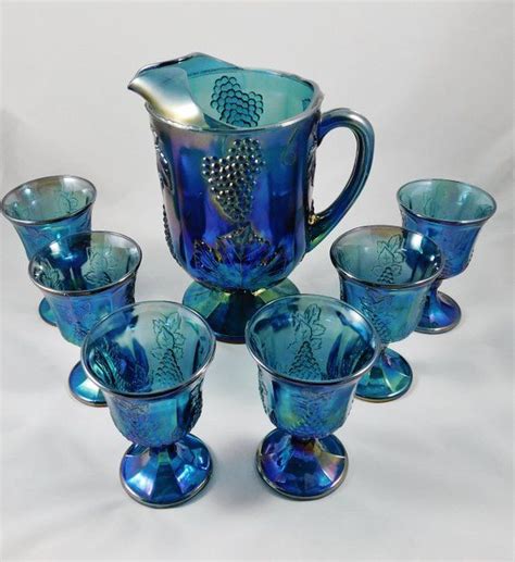 Indiana Glass Pitcher Set 6 Pedestal Goblets Blue Iridescent Harvest