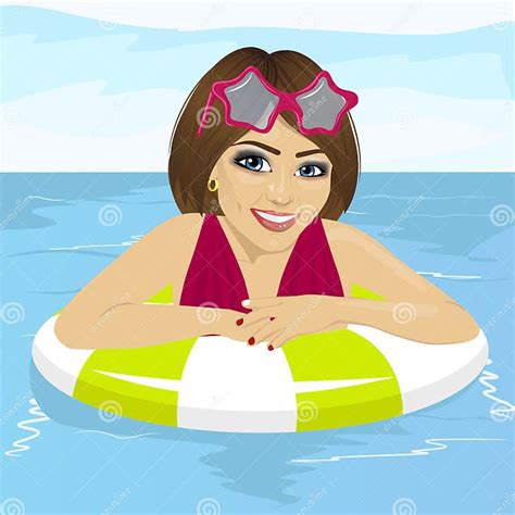 Beautiful Woman Having Fun At Swimming Pool With Inflatable Ring Stock Vector Illustration Of
