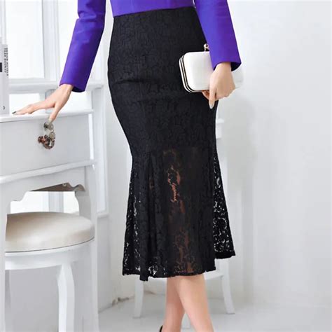 Korean Elegant Slim Office Sexy Hollow Out Lace Skirt Women Midi Skirts High Waist Black Vintage
