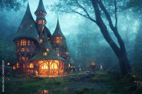 Fantasy Enchanted Fairy Tale House Or Castle In Magical Forest Digital