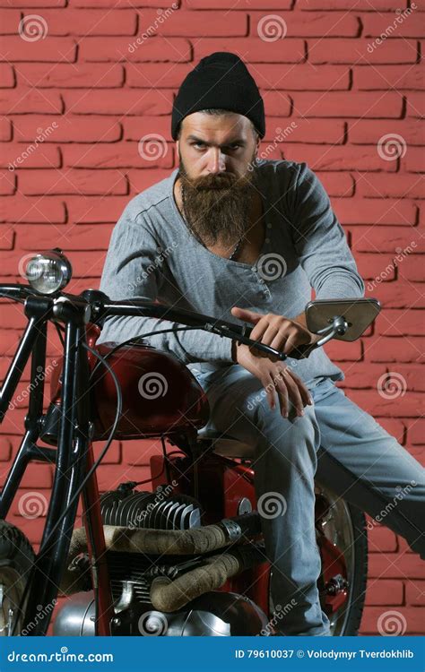 Bearded Biker Man On Motorbike Stock Image Image Of Brick Hipster