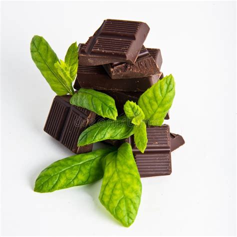 Dark Chocolate Pieces With Mint Herb Stock Image Image Of Desire