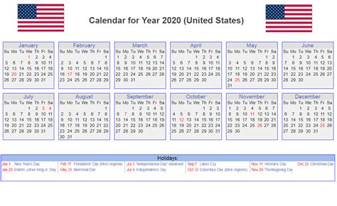 Printable Usa 2020 Calendar With Holidays Example Calendar Printable