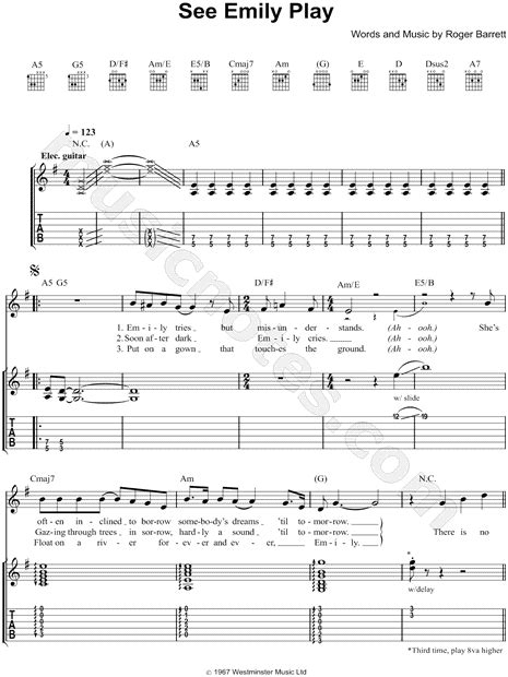 Pink Floyd See Emily Play Guitar Tab In G Major Download And Print