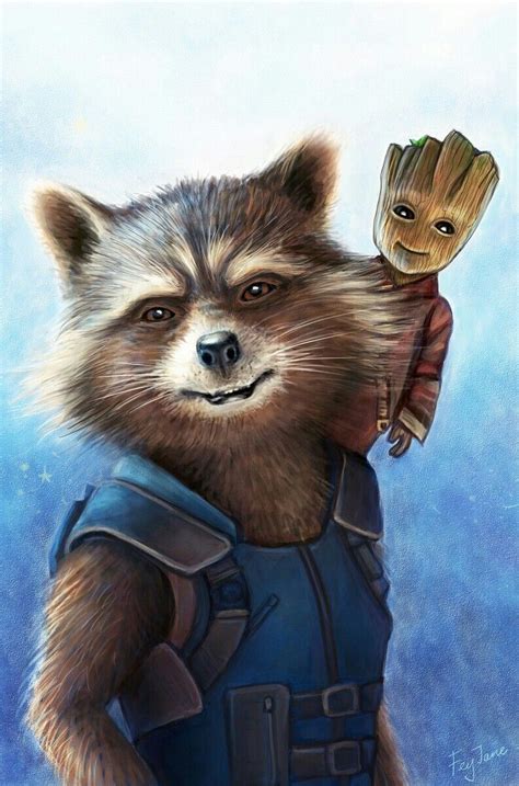 Guardians Rocket Raccoon And Baby Groot Arte De Personajes Animales