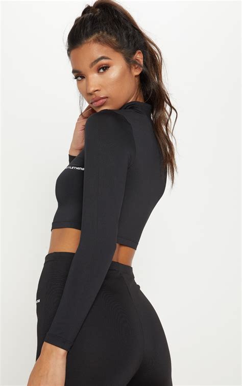 Prettylittlething Black Long Sleeve Zip Up Gym Top Prettylittlething