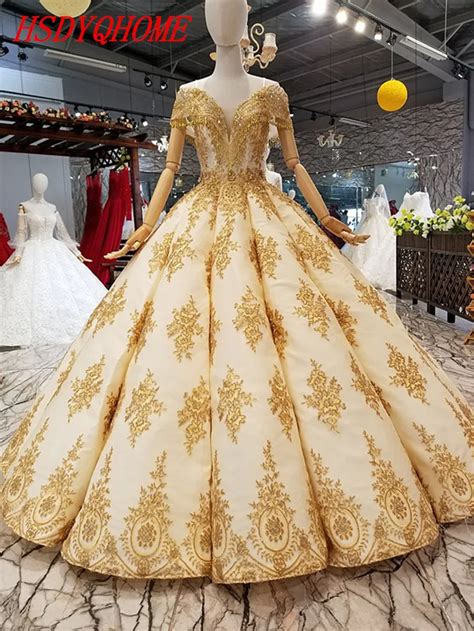 Hsdyqhome Amazing Gold Lace Wedding Dress Ball Gown Bridal Party