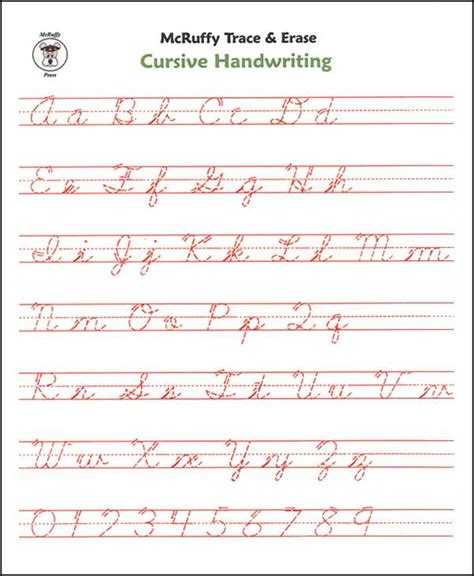 Trace the cursive letters of the alphabet, lower and upper case keywords: Trace & Erase Alphabet Handwriting Sheets: Cursive | McRuffy Press | 9781592691142