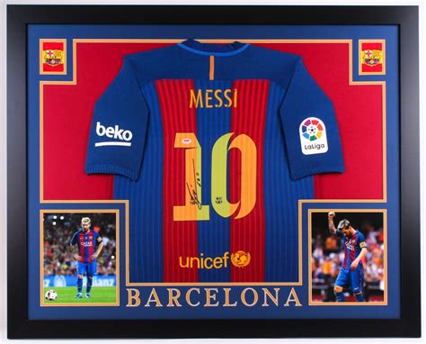 Lionel Messi Signed Barcelona 355 X 435 Custom Framed Jersey Psa