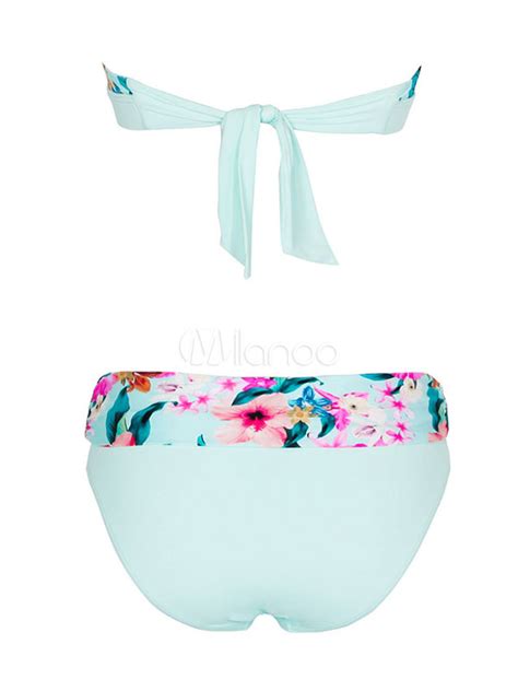 Blue Piece Swimsuit Sexy Bikini Set Halter Floral Print Beach