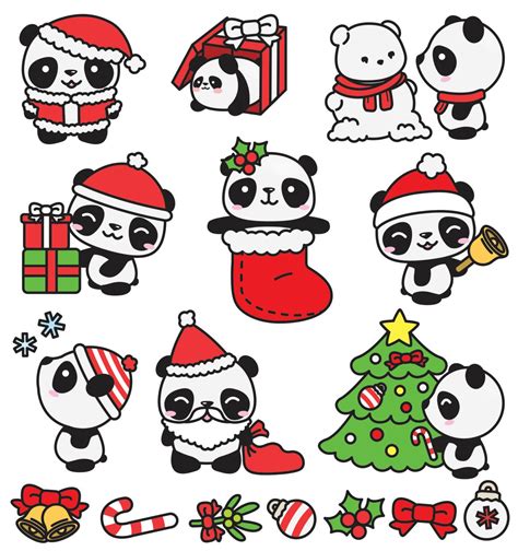 Premium Vector Clipart Kawaii Christmas Pandas Cute Etsy Kawaii
