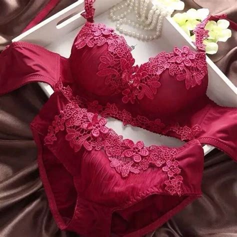 Red Cotton Woman Padded Lace Push Up Bra Panty Lingerie Set Size 32b