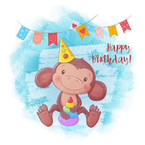 Cartoon Cute Monkey With A Pyramid Birthday Card Vector