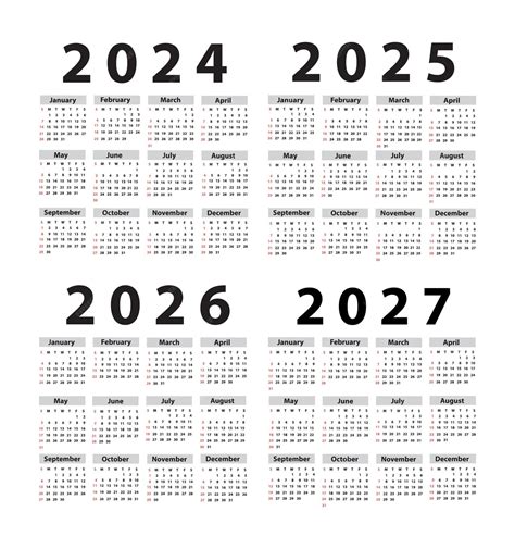 Premium Vector Calendar Set 2024 2025 2026 2027 Starting From Sunday