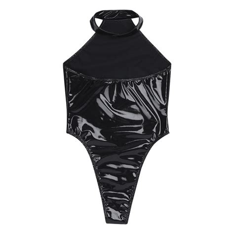 Tiaobug Adult Wetlook Black Patent Leather Halter Leotard High Cut