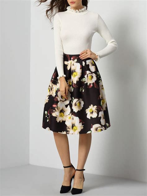 Black High Waist Floral Flare Skirt Sheinsheinside