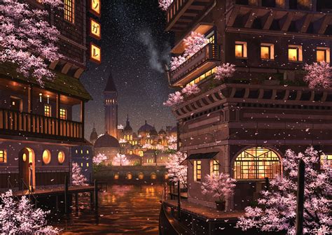 Download Night Cherry Blossom Anime City Hd Wallpaper By ぺい