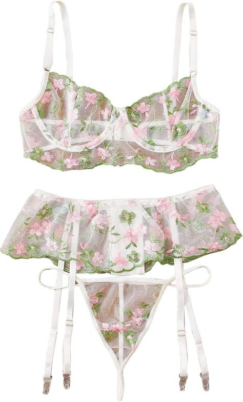 Women Lace Lingerie Set With Garter Belts Sexy Mesh Floral Embroidered Strappy Bra And Panty 3