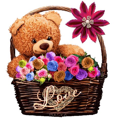 Teddy bear and flowers gif. Basketful of Teddy Bear Love love animated romantic roses ...