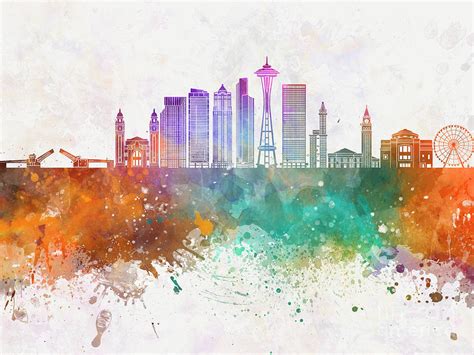 Seattle V2 Skyline In Watercolor Background Painting By Pablo Romero