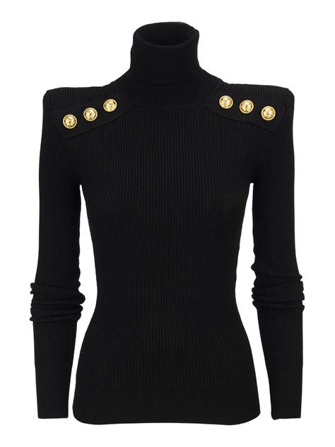 Balmain Turtleneck Sweater With Gold Buttons Black Editorialist
