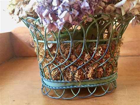 French Basket With Dried Flowers Vintage Green Wire Basket With