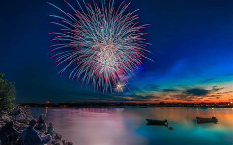 Download Night Boat Lake Colorful Colors Photography Fireworks Hd Wallpaper