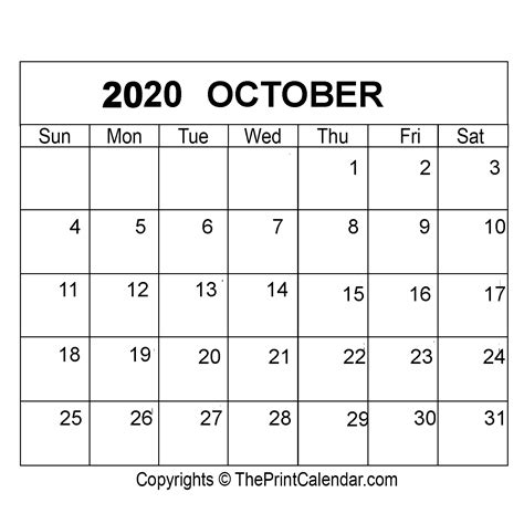 October 2020 Printable Calendar Template Pdf Word And Excel