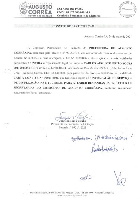 Carta Convite Prefeitura Municipal De Augusto Corrêa Gestão 2021 2024