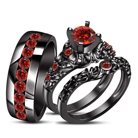 His Her Garnet Engagement Bridal Wedding Band Trio Ring Set K Black