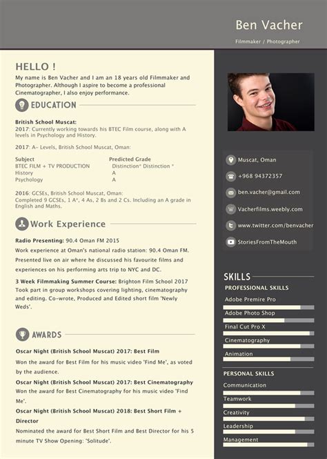 A curriculum vitae (cv), latin for course of life, is a detailed professional document highlighting a person's education, experience and accomplishments. CV and Personal Statement - BTEC FILM | Ben vacher