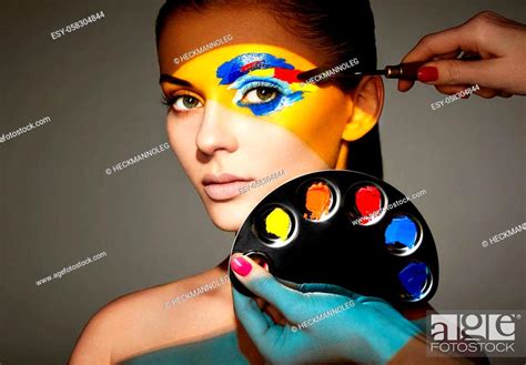 Makeup Artist Applies Colorful Makeup Fashion Model Woman With Colored