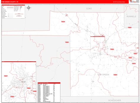 Tom Green County Tx Zip Code Wall Map Red Line Style By Marketmaps