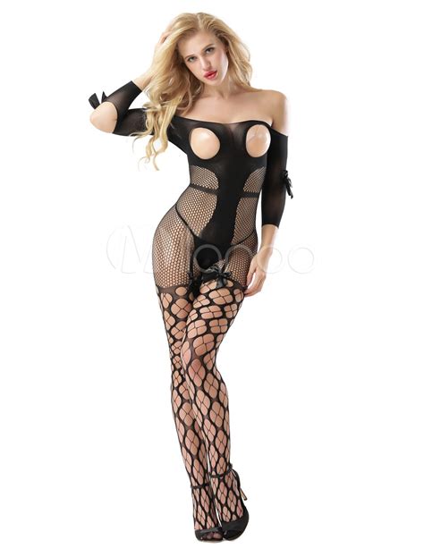 Black Bodystockings Cut Out Bows Braless Sexy Hosiery For Women
