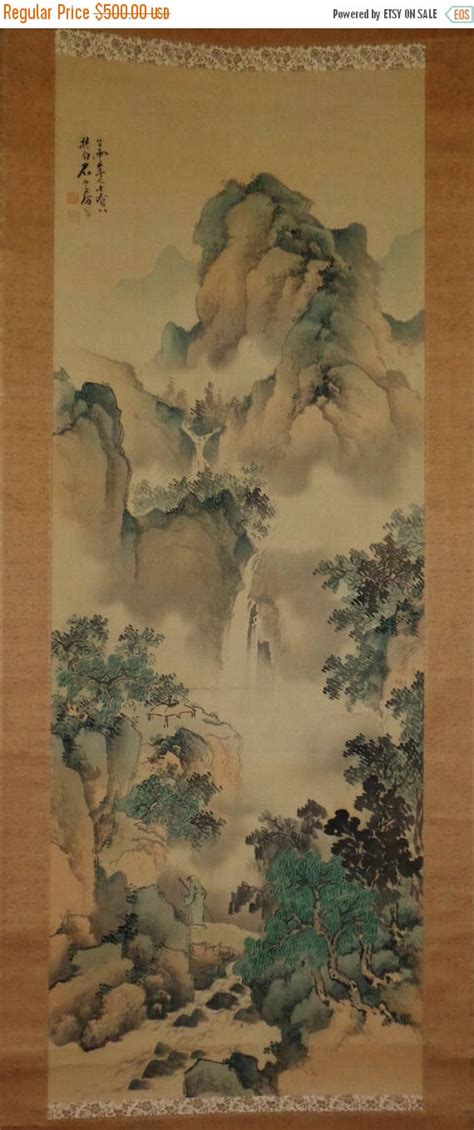 214 Antique Japanese Watercolors On Silk Green Landscape