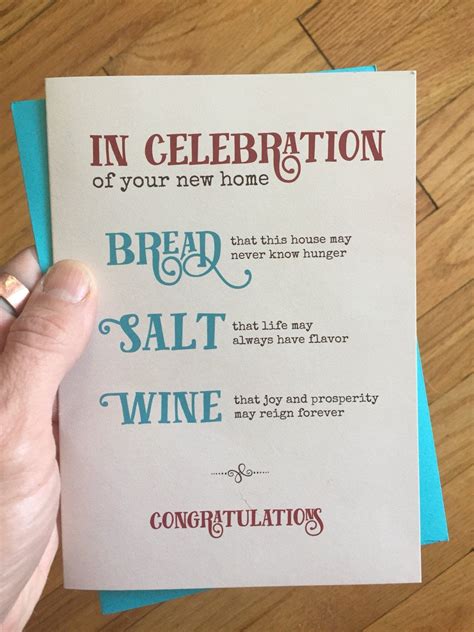 And i made this printable for bread, wine, salt, cookies, candles and tools. Housewarming Card with bread salt wine quote, new home ...