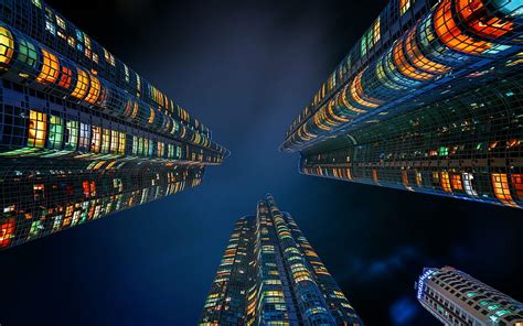 2024 Skyscrapers Towers View From Below Night Sky City Lights Modern