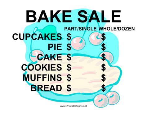 Bake Sale Sign Template With Price List Download Printable Pdf