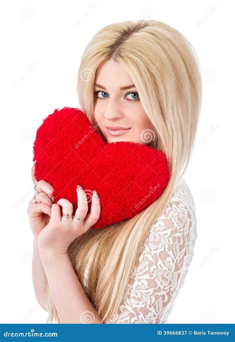 Beautiful Blonde Woman Holding Red Heart Stock Image Image Of Dress Beautiful 39666837