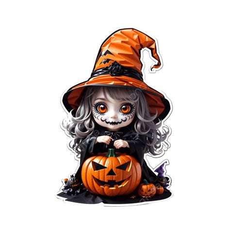 A Scary Witch Girl Holding Smiley Spooky Halloween Pumpkin Happy Halloween Cartoon Halloween
