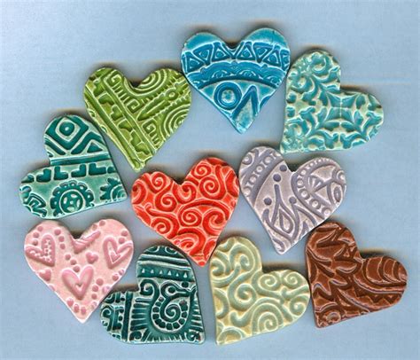 10 Colorful Clay Hearts With Embossed Designs By Firedandfused