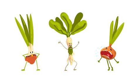 Ilustración De Divertidas Verduras Humanizadas Agitando La Mano Y