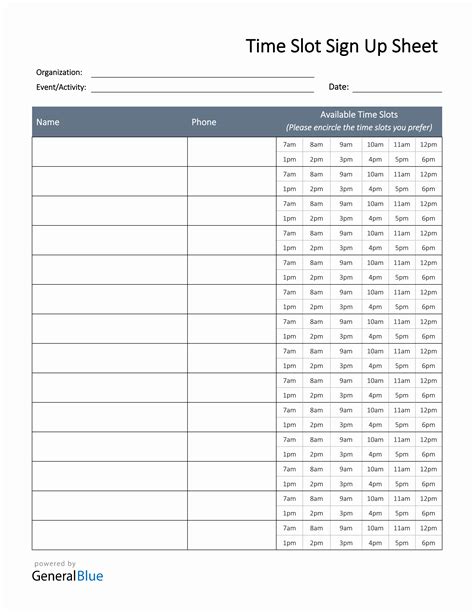 Time Slot Sign Up Sheet Template In Word Basic
