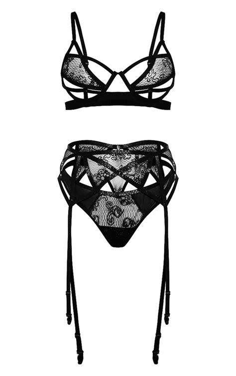 Ensemble Lingerie 3 Pièces Dentelle Fine Noire Porte Jarretelles