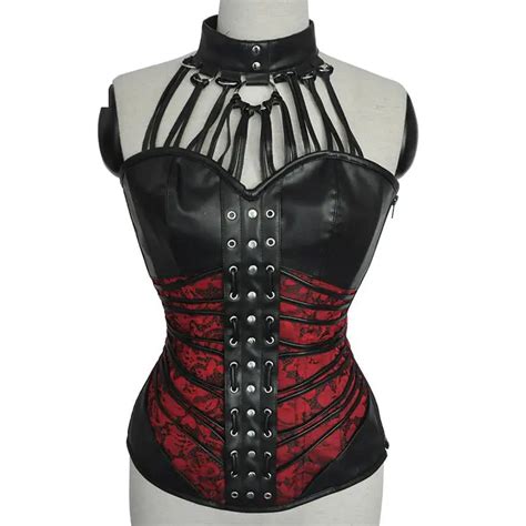 Red Brocade Black Leather Strappy Halter Armor Steampunk Corset Gothic Korsett For Women Sexy