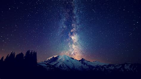 Sky Stars Mountain Trees Night Wallpapers Hd Desktop And Mobile