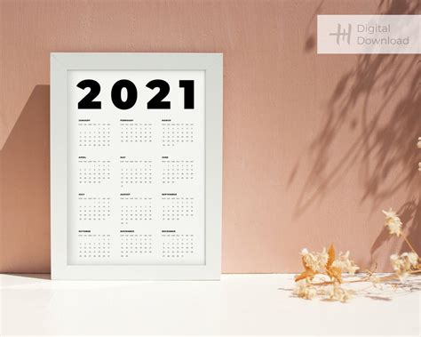 2021 Minimalist Calendar Printable Vertical Printable Large Etsy