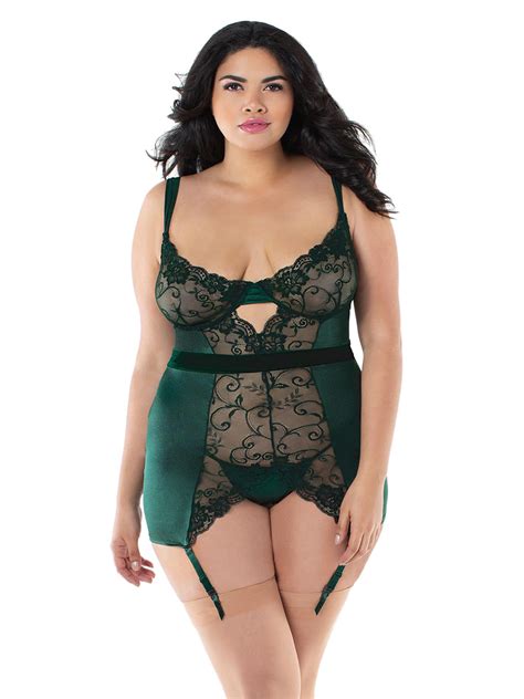 Plus Size Sexy Emerald Satin And Lace Gartered Chemise Lingerie